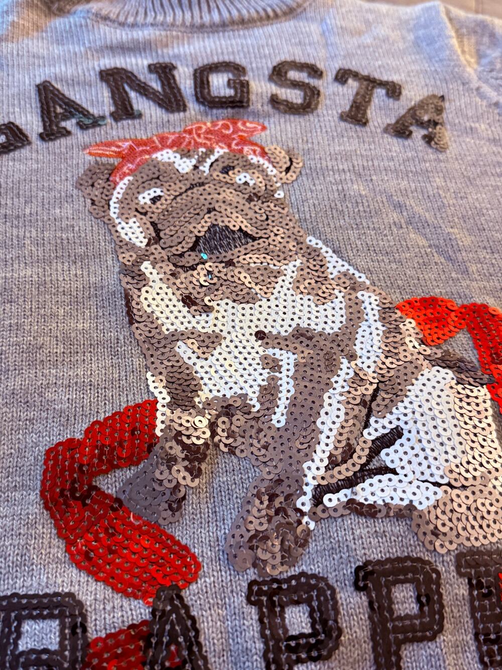 Alter'd State NWT Gray Sequin PUG Christmas Holiday Sweater Gangsta Wrapper Sm